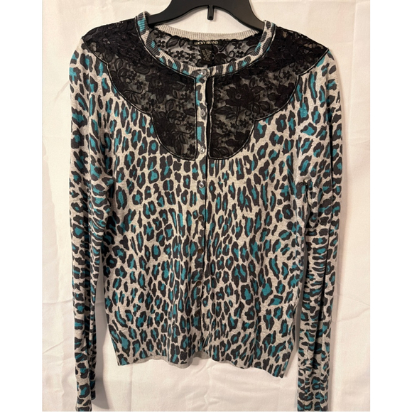 Lucky Brand Sweaters - Women's Lucky Brand Leopard Print Lace Yoke Cardigan Sweater Retro 80’s Style L